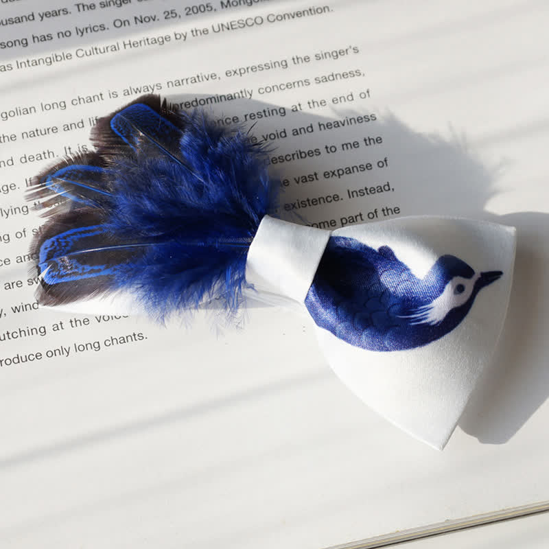 Papillon con piume di uccello blu navy e bianco puro - image 1