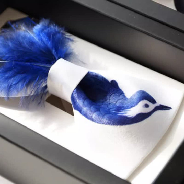 Papillon con piume di uccello blu navy e bianco puro - image 3