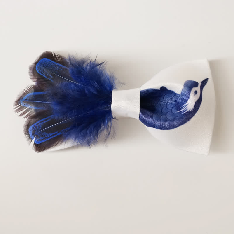 Papillon con piume di uccello blu navy e bianco puro - image 2