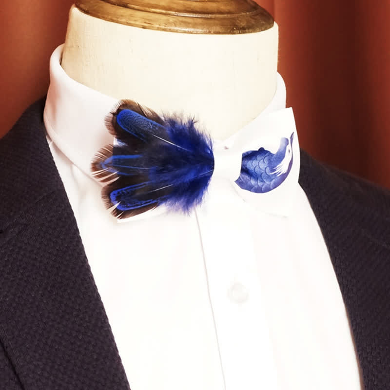 Papillon con piume di uccello blu navy e bianco puro - Blu marino e bianco - image 0