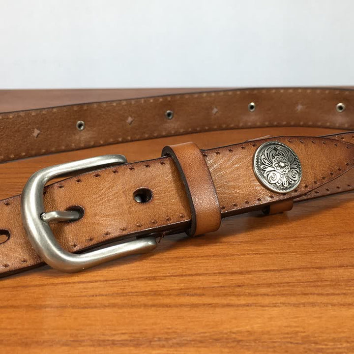 Cintura in pelle vintage con rivetti a forma di fiore intagliato rotondo - image 5