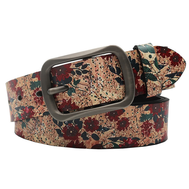Cintura in pelle stampata con foglie di fiori rossi decorati - Rosso e biscotto - 44 - image 0