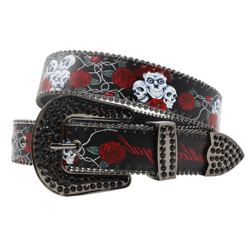 Cintura in pelle stampata con scheletro di rosa e strass gotici - Nero - 44 - image 0