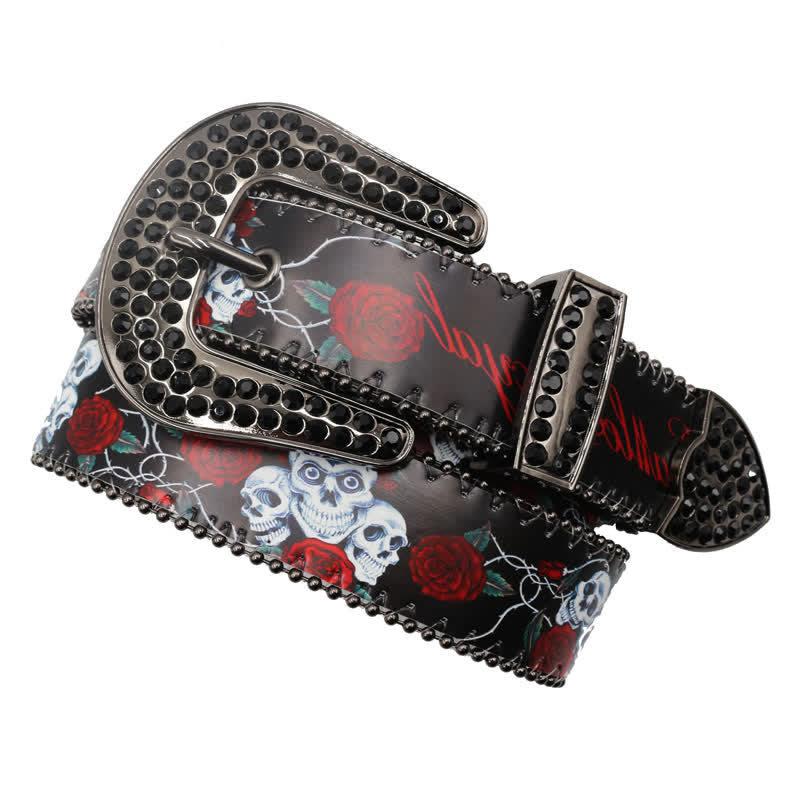 Cintura in pelle stampata con scheletro di rosa e strass gotici - image 1