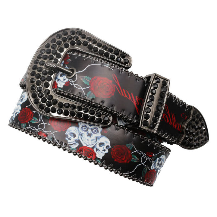 Cintura in pelle stampata con scheletro di rosa e strass gotici - image 1