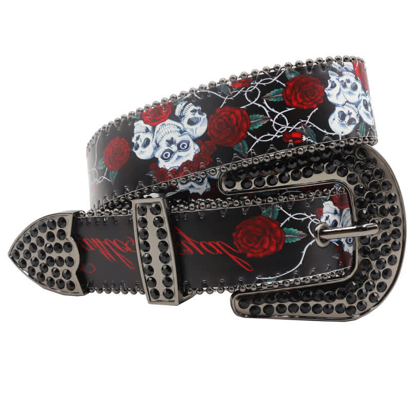 Cintura in pelle stampata con scheletro di rosa e strass gotici - image 2
