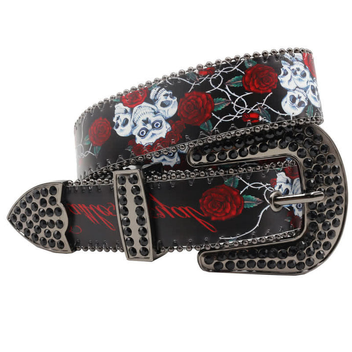 Cintura in pelle stampata con scheletro di rosa e strass gotici - image 2