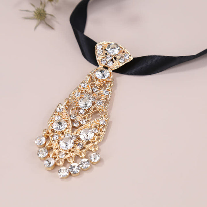 Cravatta da uomo con strass e cristalli, corta e glitterata, da sposa - Oro e bianco - image 10