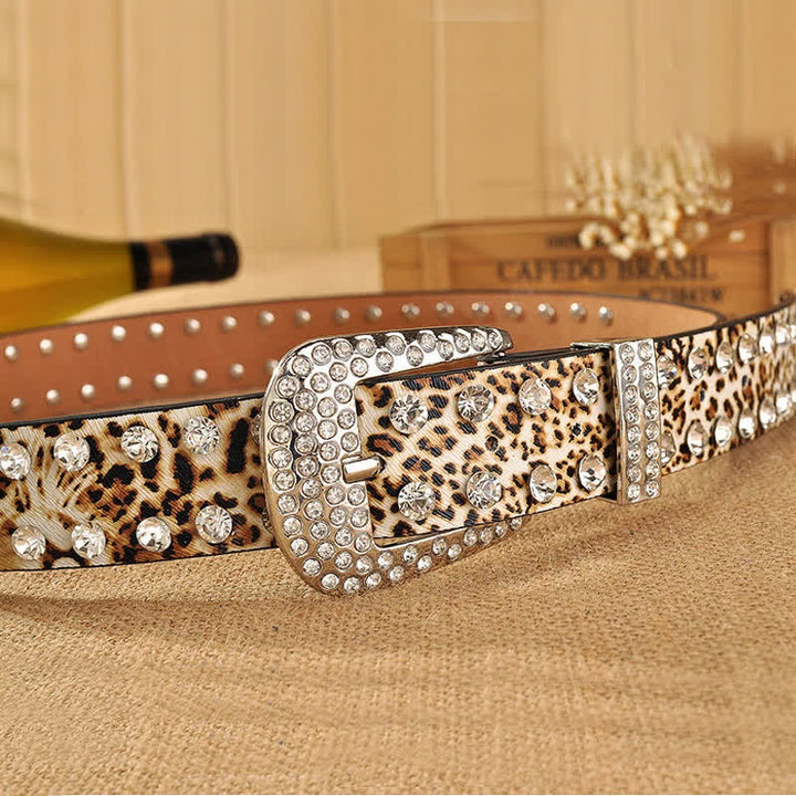 Cintura in pelle con stampa leopardata e strass intarsiati da donna - image 6