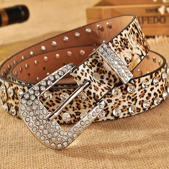 Cintura in pelle con stampa leopardata e strass intarsiati da donna - image 3