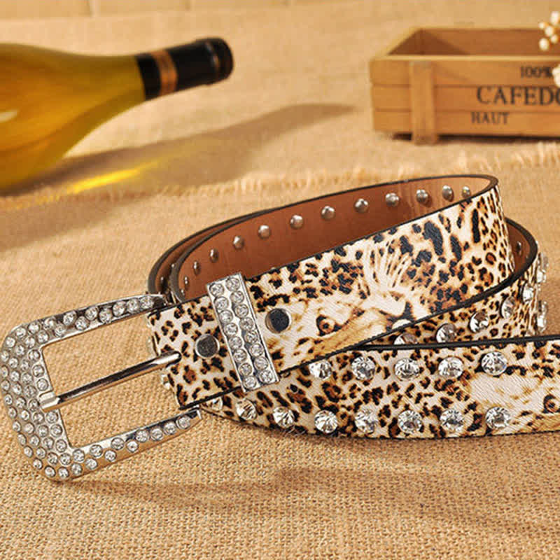 Cintura in pelle con stampa leopardata e strass intarsiati da donna - image 4