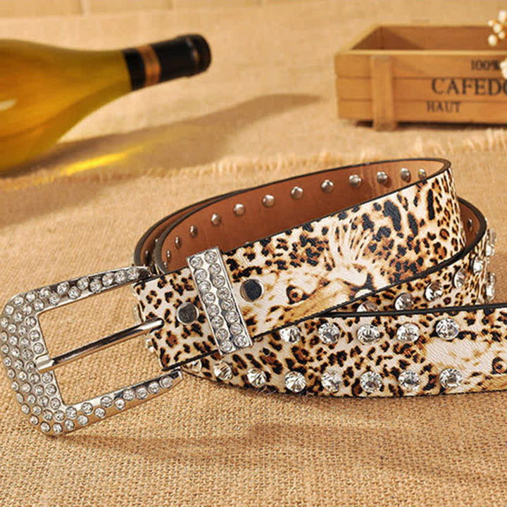 Cintura in pelle con stampa leopardata e strass intarsiati da donna - image 4