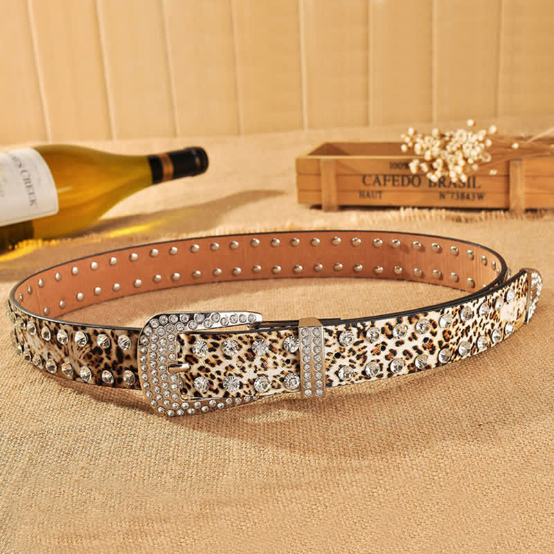 Cintura in pelle con stampa leopardata e strass intarsiati da donna - image 5