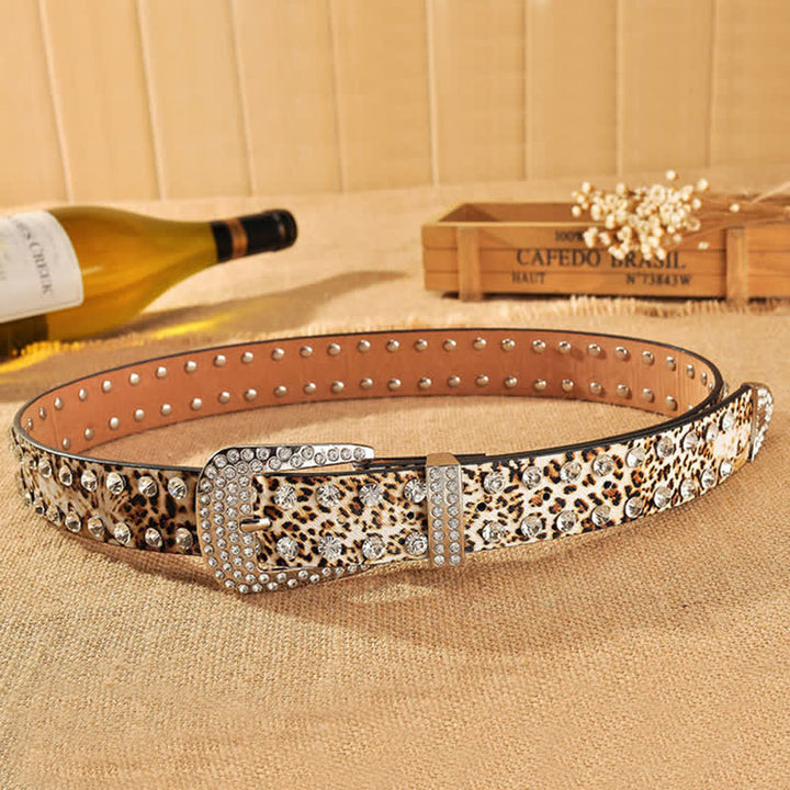 Cintura in pelle con stampa leopardata e strass intarsiati da donna - image 5