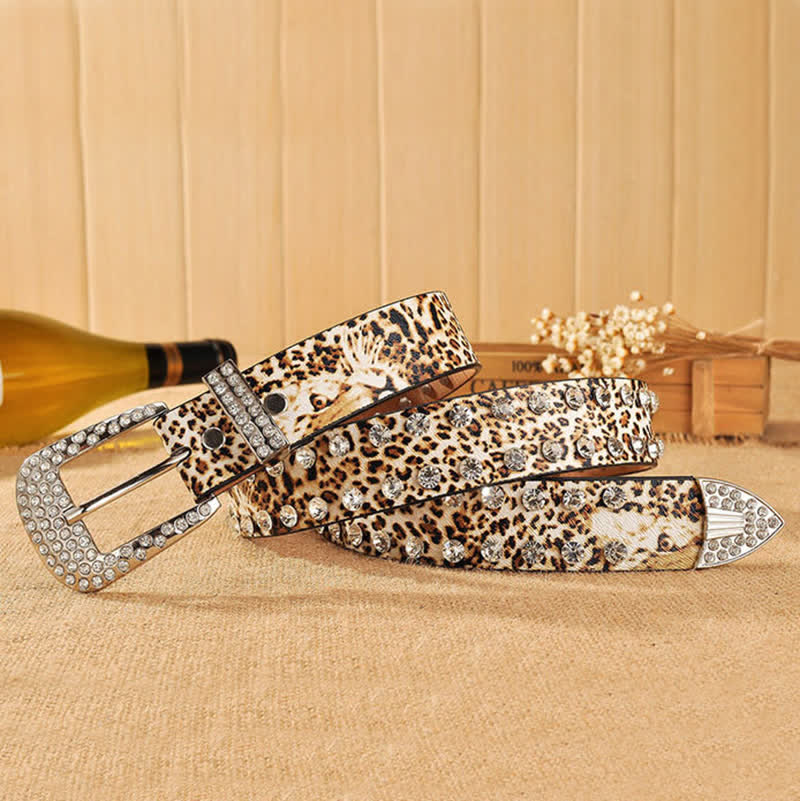 Cintura in pelle con stampa leopardata e strass intarsiati da donna - image 1