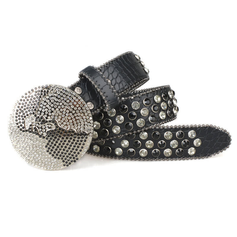 Cintura unisex in pelle con fibbia rotonda grande e strass - image 1