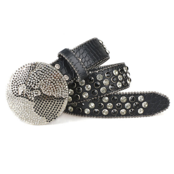Cintura unisex in pelle con fibbia rotonda grande e strass - image 1