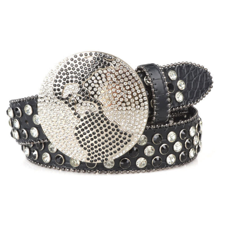 Cintura unisex in pelle con fibbia rotonda grande e strass - Nero - 38 - image 0