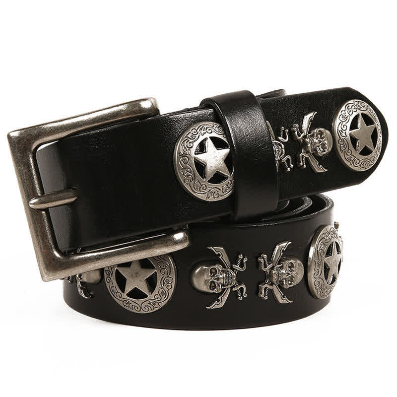 Cintura in pelle unisex con teschio e stella in stile punk - Nero - 44 - image 0