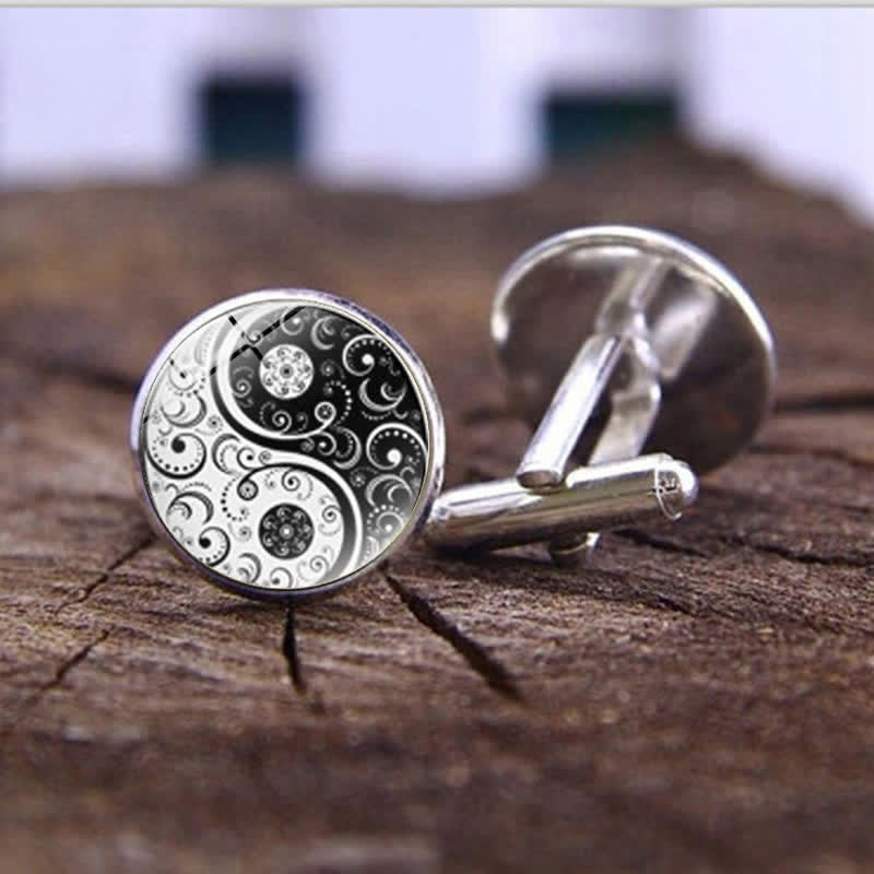 Gemelli da uomo in vetro con cupola Yin Yang in bianco e nero - Argento - image 1