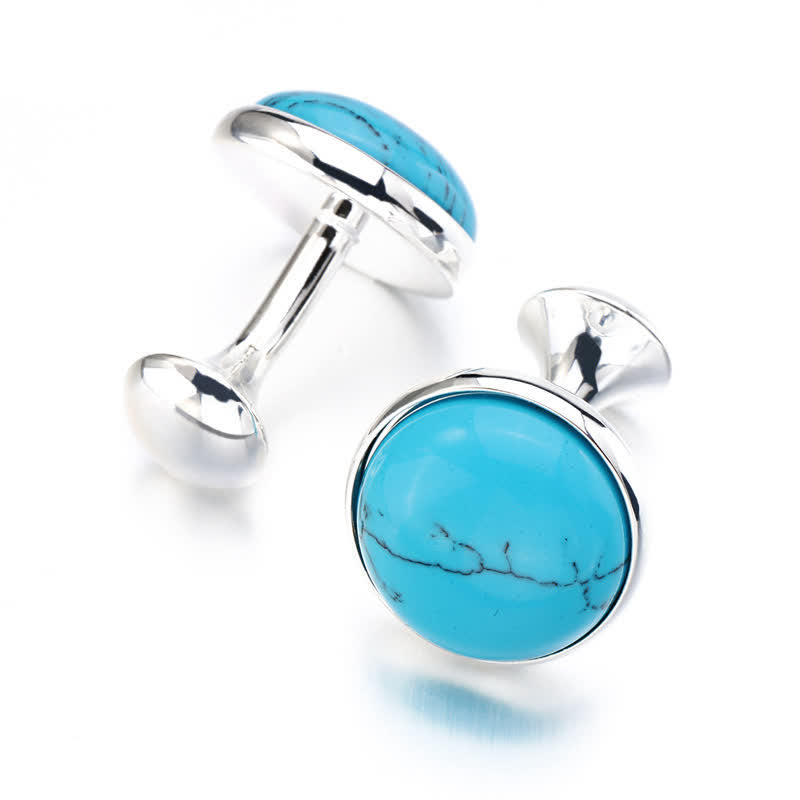 Gemelli da uomo con pietra preziosa turchese blu rotonda - image 4