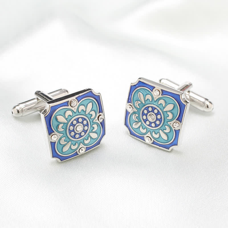 Gemelli da uomo quadrati retrò con fiore smaltato blu - image 1