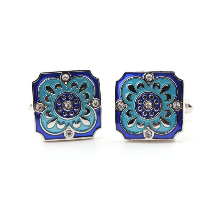 Gemelli da uomo quadrati retrò con fiore smaltato blu - image 2