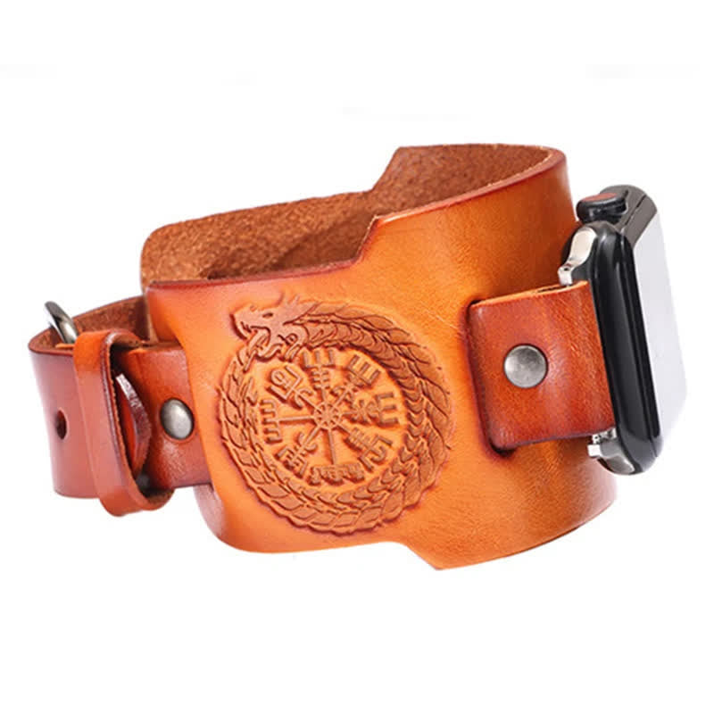 Cinturino per orologio in pelle con bussola vichinga e drago totem - image 3