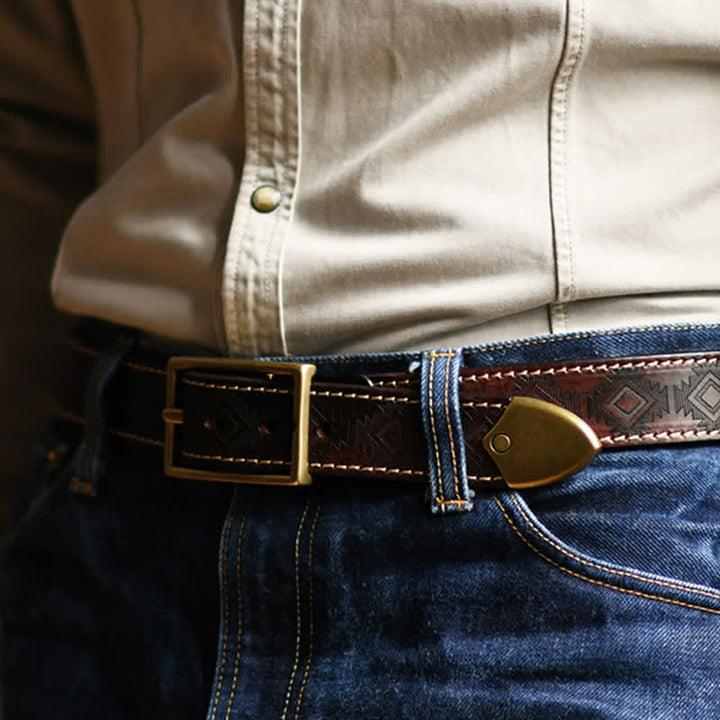 Cintura in pelle con motivo geometrico western da uomo - image 3