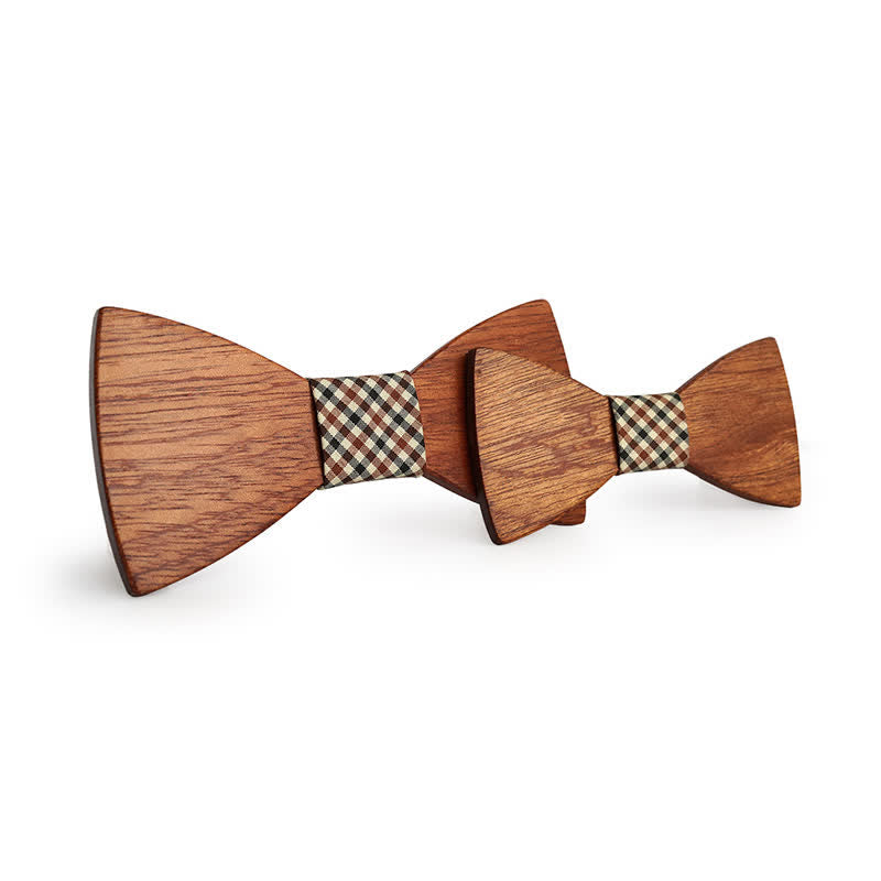 Set di 2 papillon in legno massello naturale per genitori e figli da uomo - Plaid nero e rosso - image 1