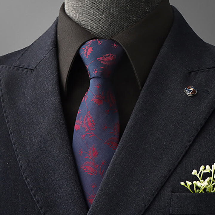 Cravatta da uomo con motivo floreale vintage - Blu marino e rosso - Da annodare - image 18