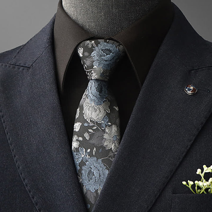 Cravatta da uomo con motivo floreale vintage - Blu e grigio - Da annodare - image 0