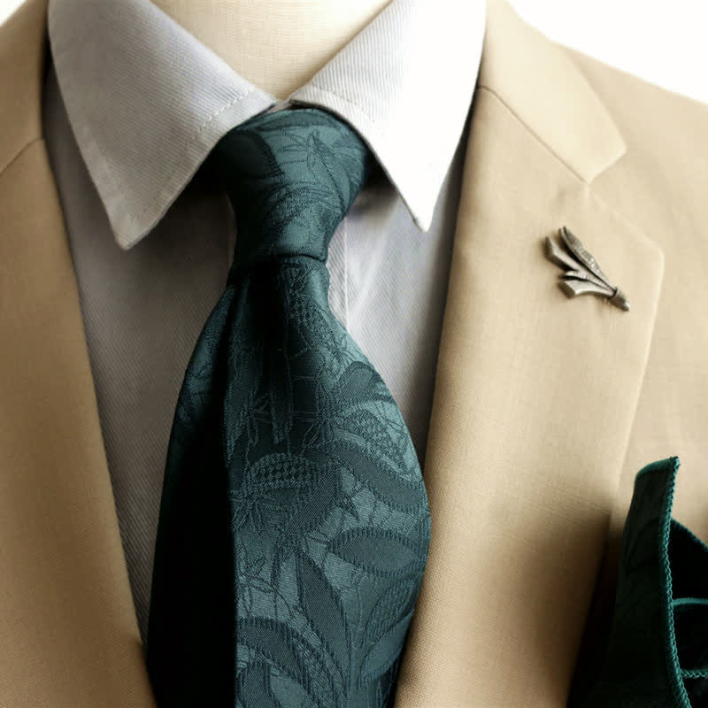 Cravatta da uomo casual con motivo floreale jacquard a foglie - Verde scuro - image 0