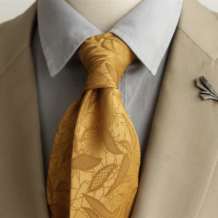 Cravatta da uomo casual con motivo floreale jacquard a foglie - Oro - image 5