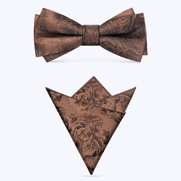Set di 3 cravatte da uomo vintage in bronzo con motivo a farfalla e fiori - Papillon + Fazzoletto - image 6