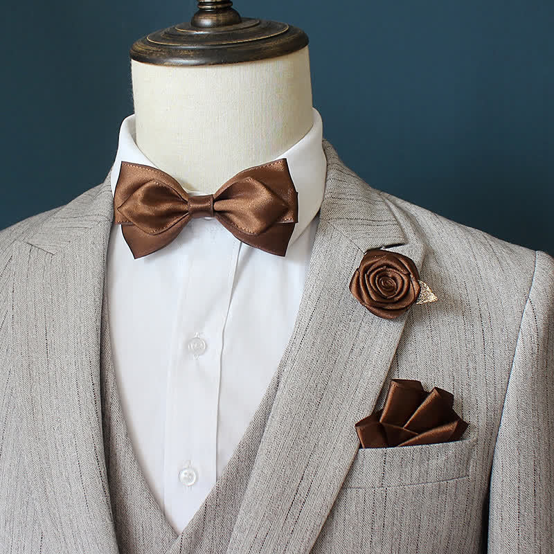 Set di 3 papillon con corsage di rose per sposo e sposo da uomo - Marrone sella - image 8