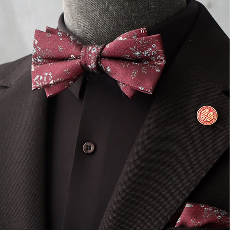 Set di 2 fazzoletti con papillon e motivo floreale bordeaux da uomo - Stile n. 1 - image 0