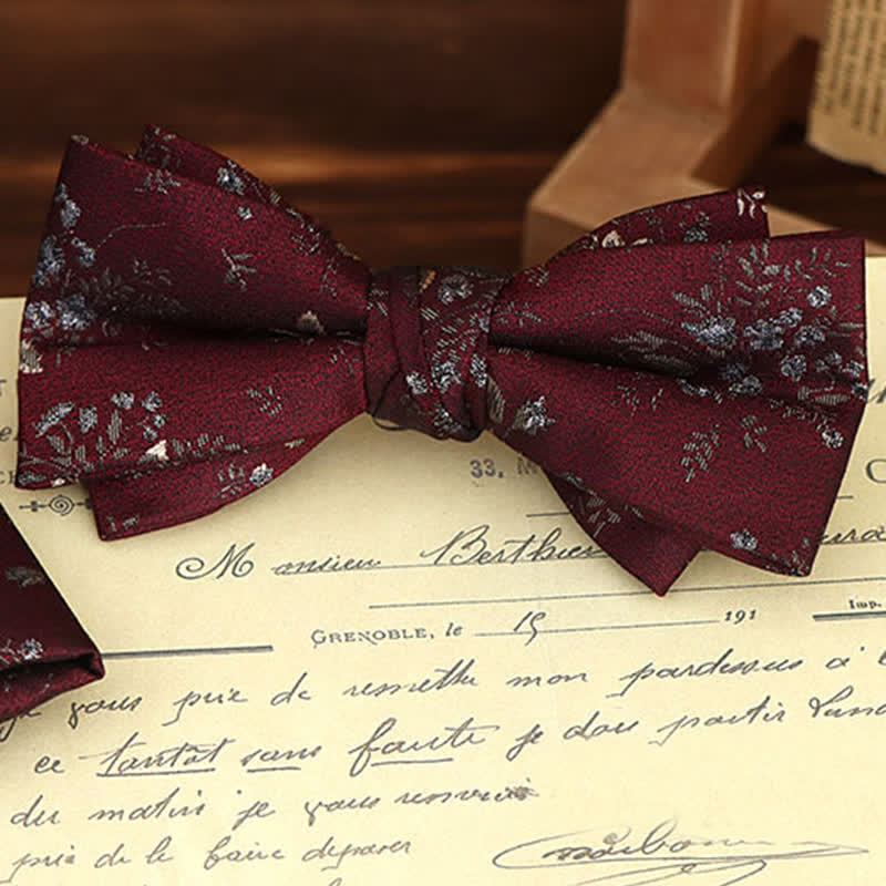 Set di 2 fazzoletti con papillon e motivo floreale bordeaux da uomo - image 1