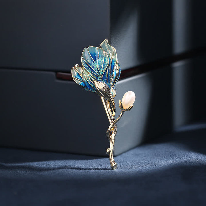 Spilla da donna a forma di fiore di magnolia in smalto - Blu - image 0