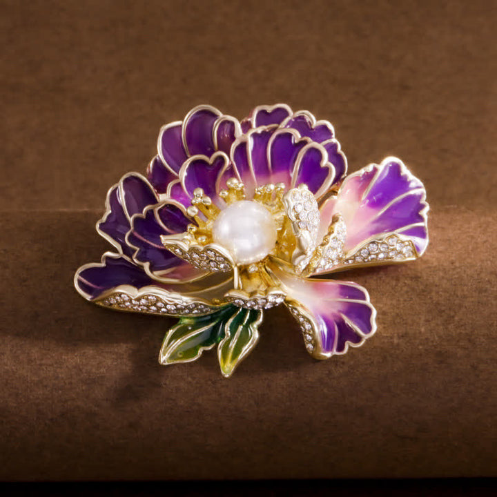 Spilla da donna con peonia smaltata e perle intarsiate - Viola - image 0