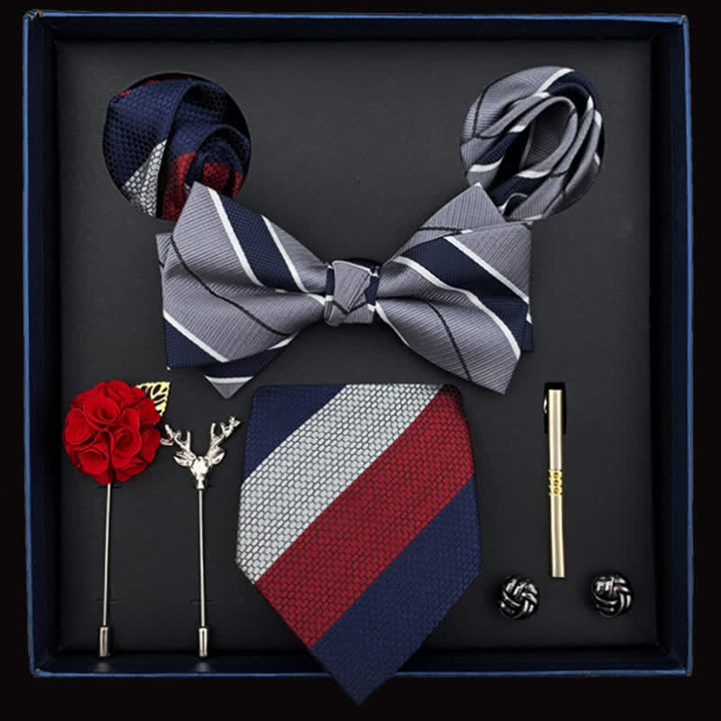 8 pezzi papillon a righe blu e rosse grigie da uomo in scatola regalo - Grigio&Blu&Rosso - image 0