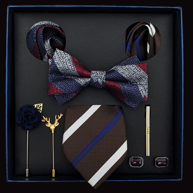8 pezzi papillon da uomo di lusso blu navy caffè strisce rosse scatola regalo - Blu navy, caffè e rosso - image 0