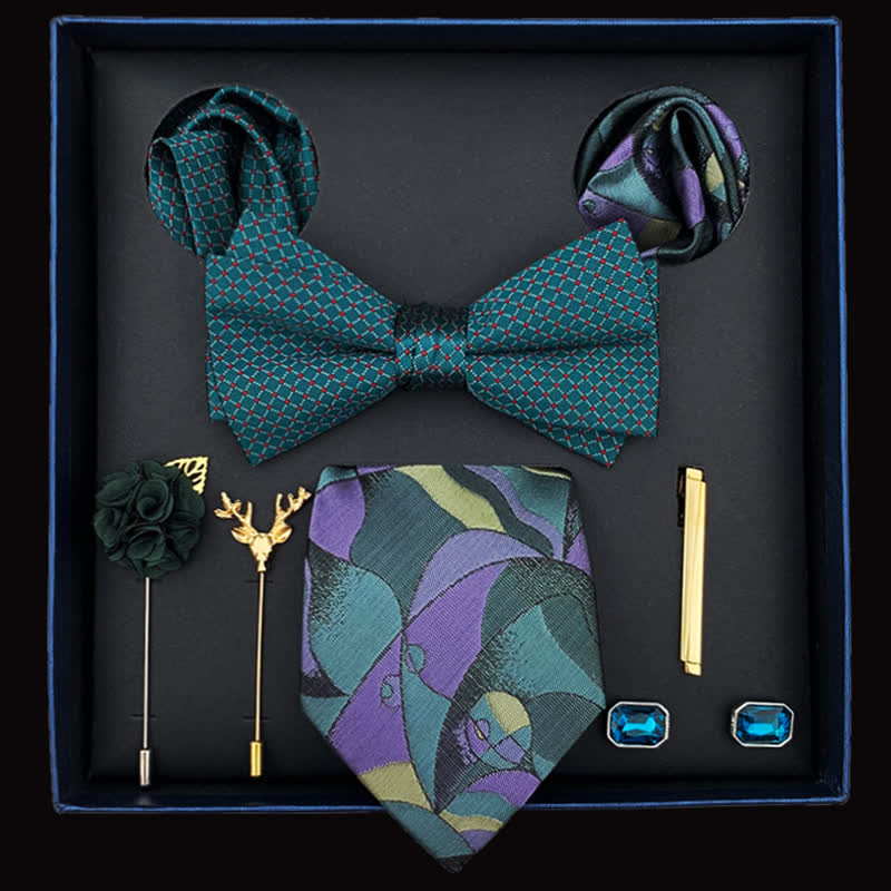 8 pezzi papillon da uomo con motivo astratto verde acqua e viola in scatola regalo - Verde acqua e viola - image 0
