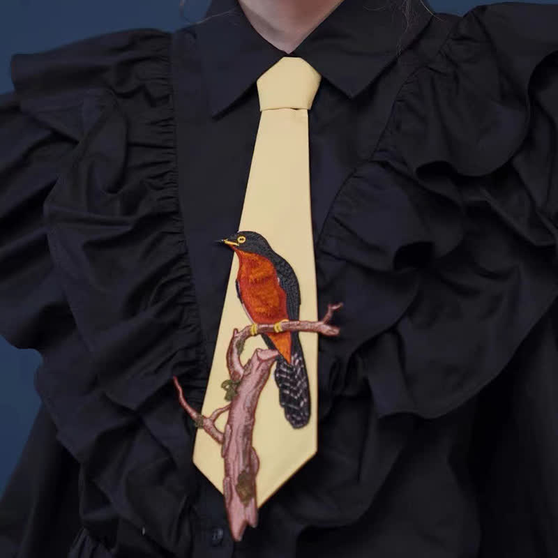 Cravatta con cerniera ricamata con uccello su un ramo da donna - Giallo - image 0