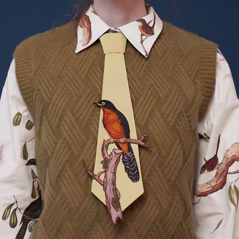 Cravatta con cerniera ricamata con uccello su un ramo da donna - image 1