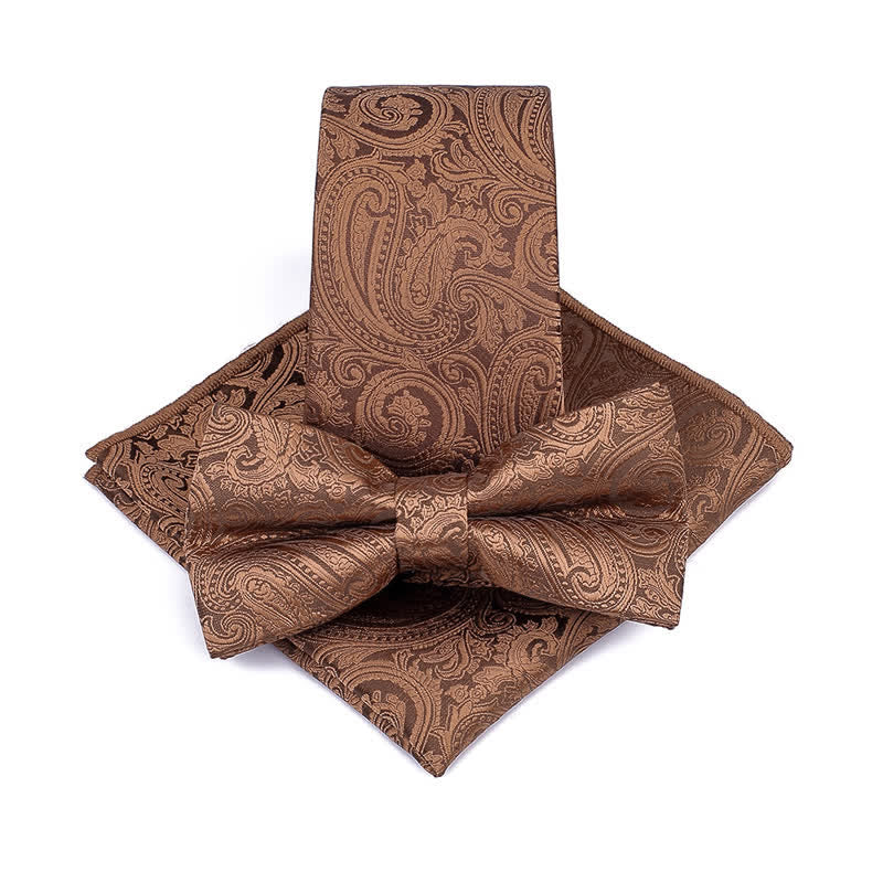 Set di 3 cravatte e papillon da sposo con motivo Paisley da uomo - Marrone - image 1