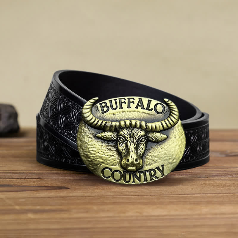 Cintura in pelle con fibbia fai da te Buffalo Country da uomo - Bronzo - Cintura in tessuto goffrato nero (38) - image 5