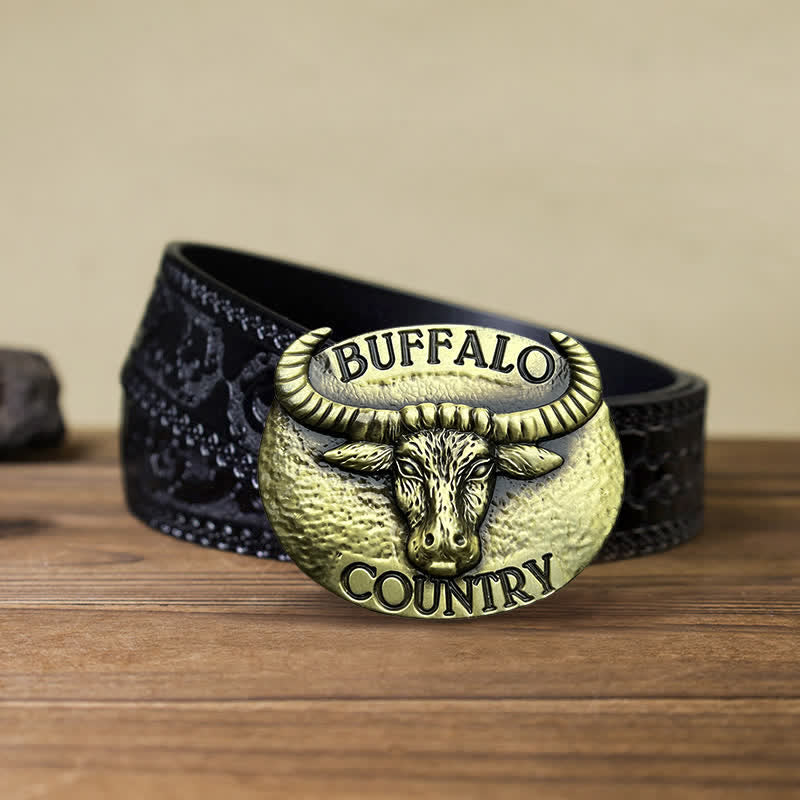 Cintura in pelle con fibbia fai da te Buffalo Country da uomo - Bronzo - Cintura nera intagliata (40) - image 6