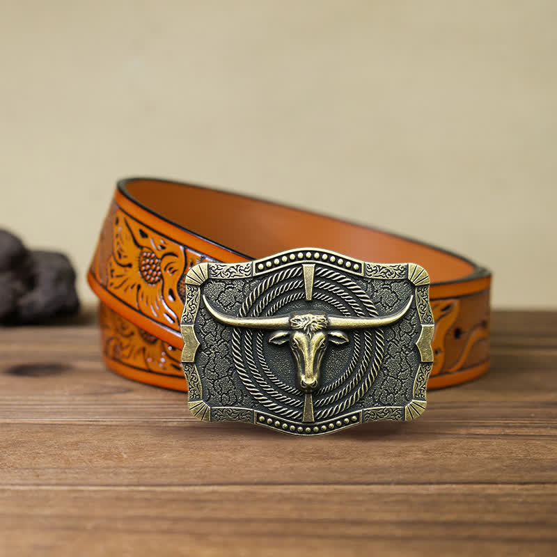 Cintura in pelle con fibbia a testa di toro western fai da te da uomo - Bronzo - Cintura intagliata arancione (40) - image 17