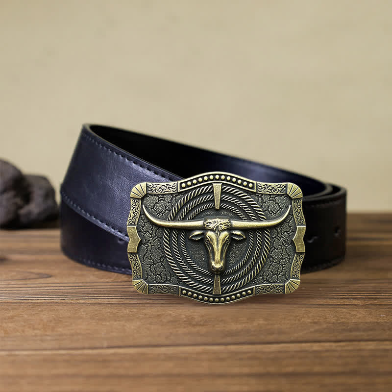Cintura in pelle con fibbia a testa di toro western fai da te da uomo - Bronzo - Cintura PU nera (40) - image 11